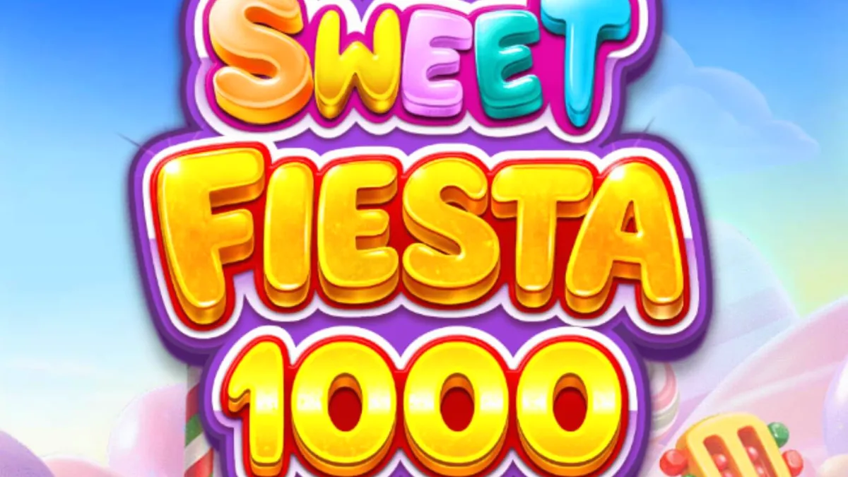 Makulay na grid ng Sweet Fiesta 1000 slot na may mga kendi at prutas